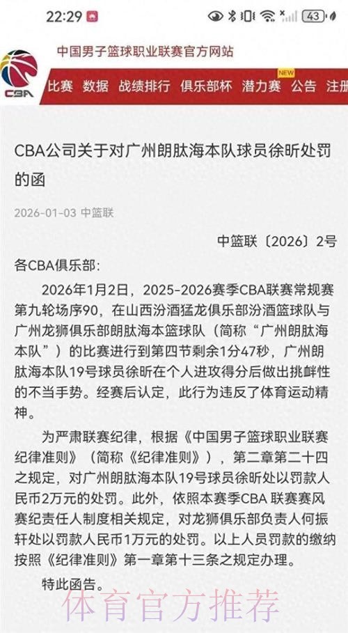 CBA官宣罚单：徐昕做出挑衅性的不当手势处罚人民币2万元